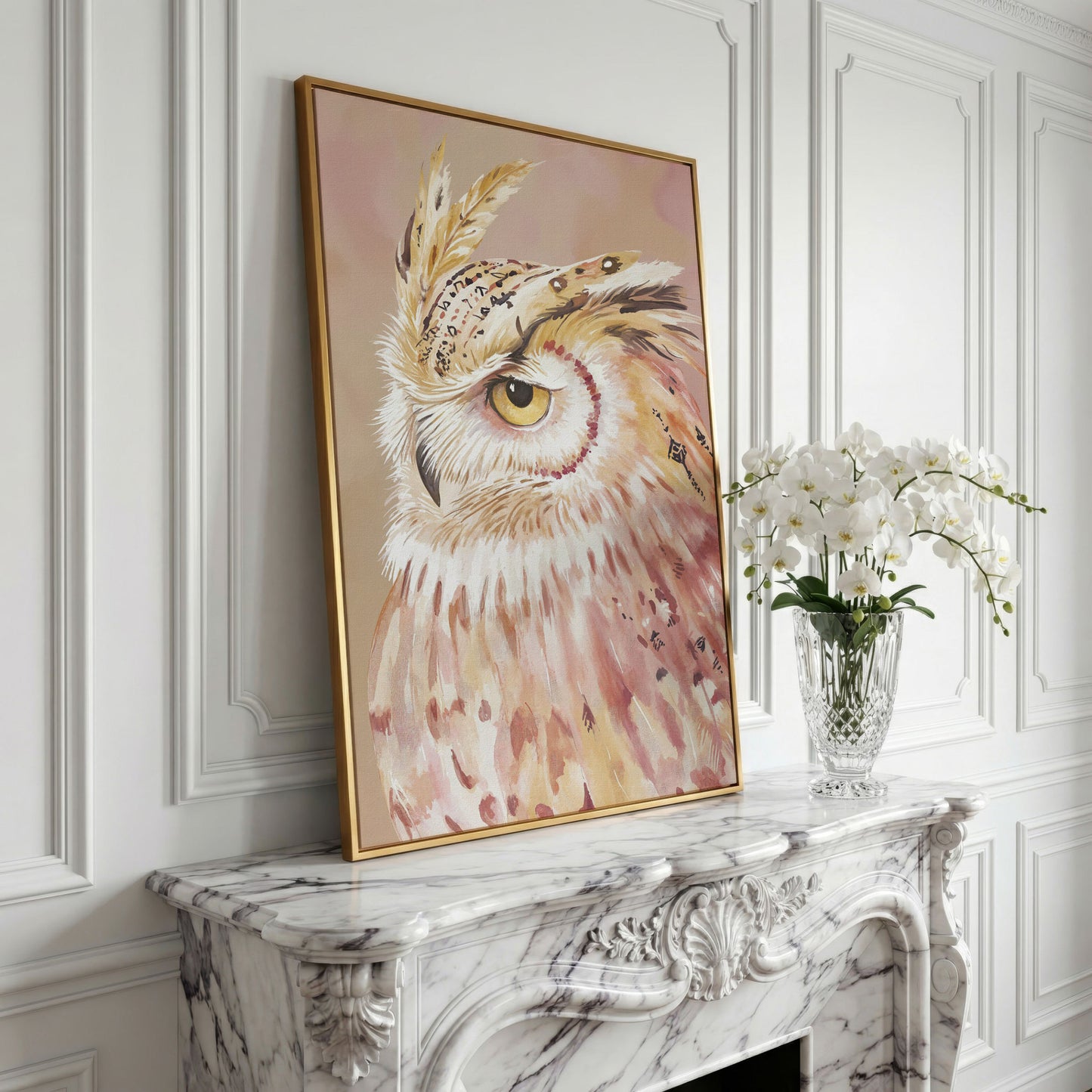 Owl Portrait Canvas Wall Art, Close-Up Wildlife Print in yellow gold floating frame