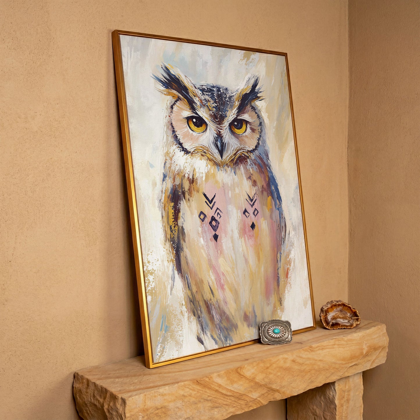 Geometric Owl Portrait Canvas Art. Abstract Wildlife Wall Art in antique gold floating frame