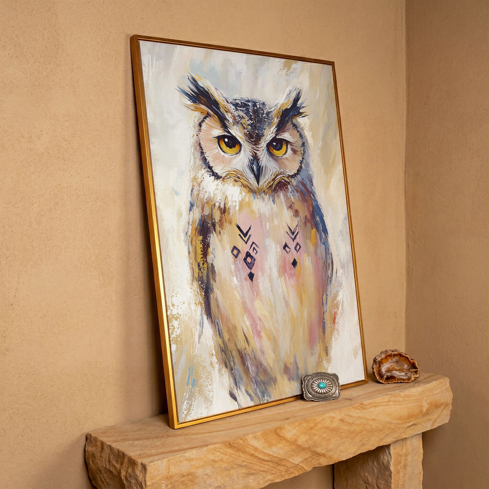 Geometric Owl Portrait Canvas Art. Abstract Wildlife Wall Art in antique gold floating frame