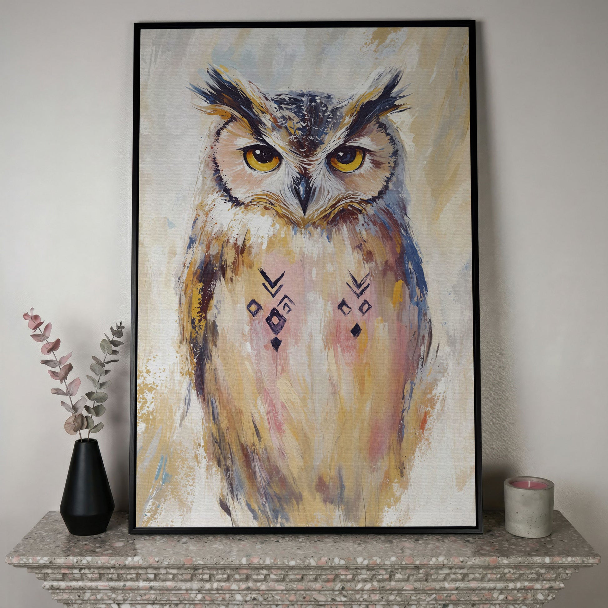Geometric Owl Portrait Canvas Art. Abstract Wildlife Wall Art in black floating frame
