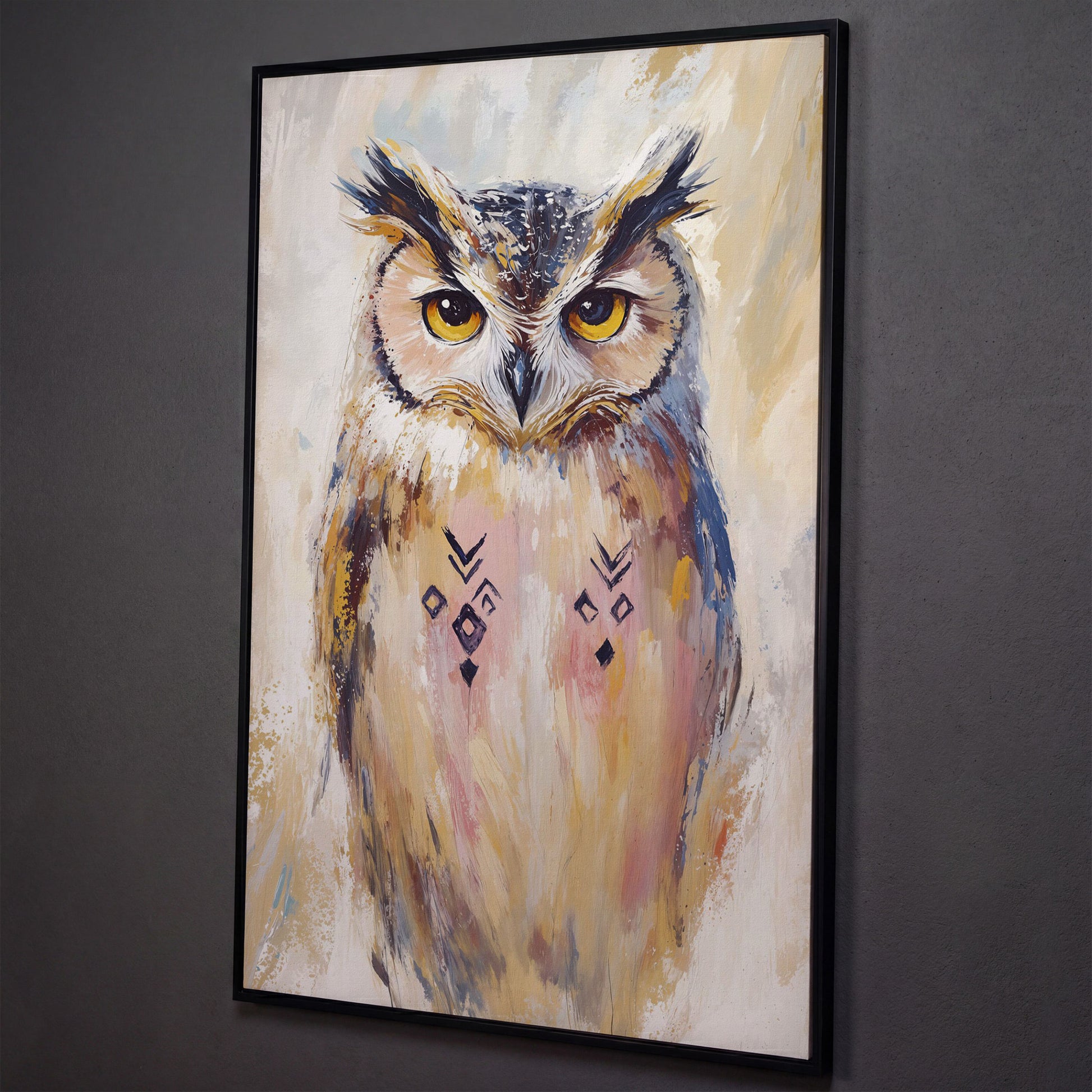Geometric Owl Portrait Canvas Art. Abstract Wildlife Wall Art shown in black floating frame