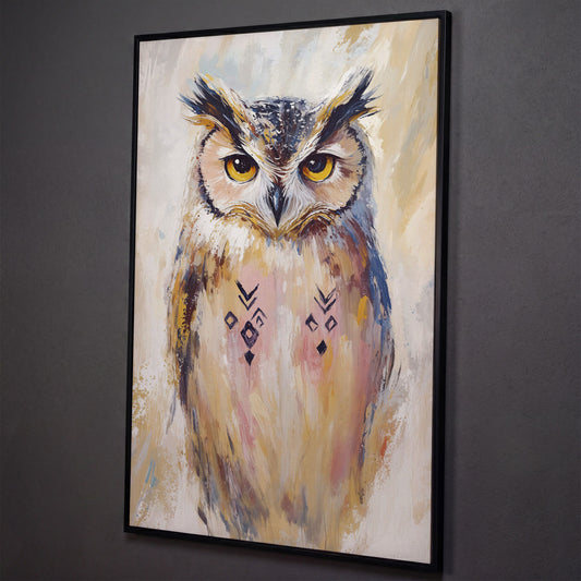 Geometric Owl Portrait Canvas Art. Abstract Wildlife Wall Art shown in black floating frame