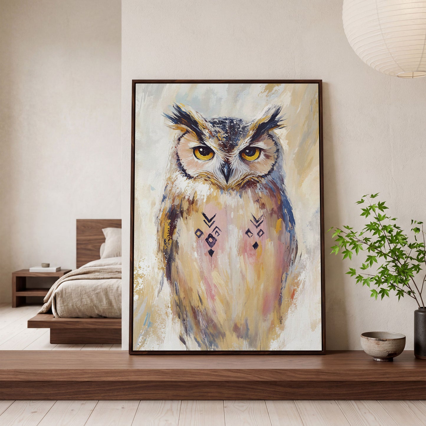 Geometric Owl Portrait Canvas Art. Abstract Wildlife Wall Art in dark walnut floating frame