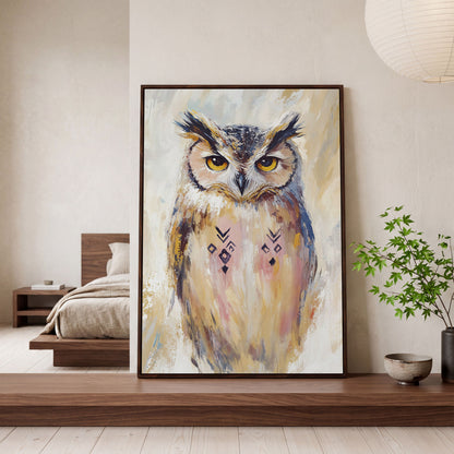 Geometric Owl Portrait Canvas Art. Abstract Wildlife Wall Art in dark walnut floating frame