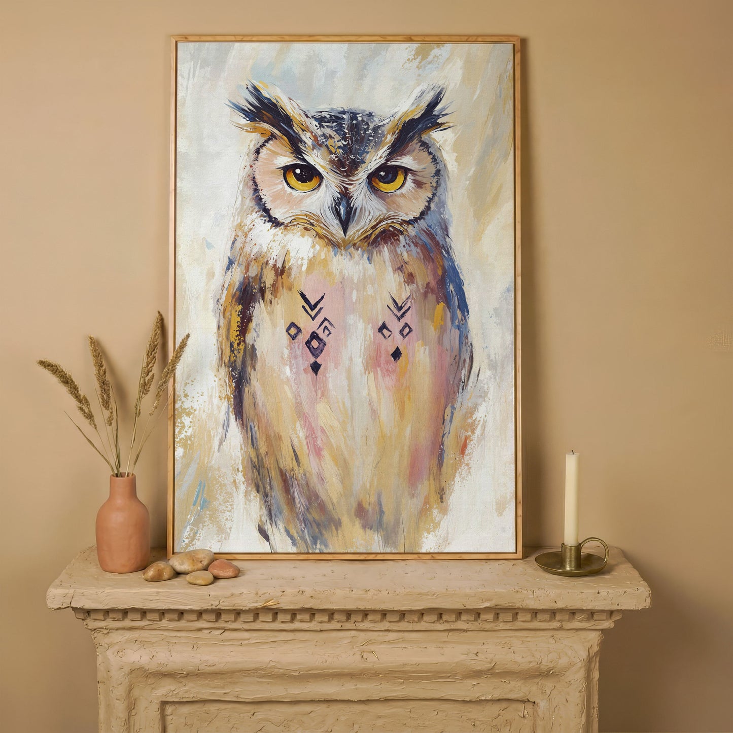 Geometric Owl Portrait Canvas Art. Abstract Wildlife Wall Art in white oak floating frame