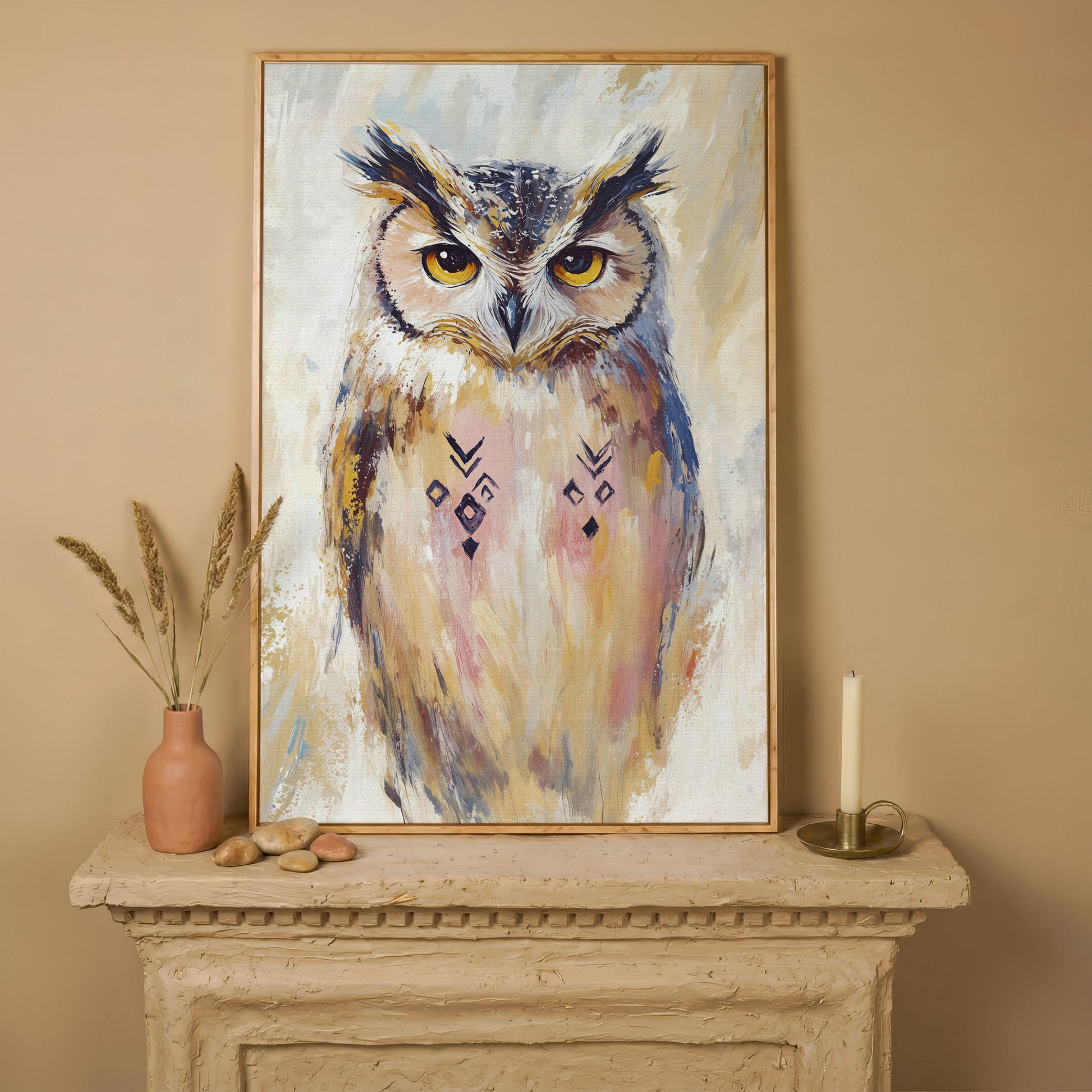 Geometric Owl Portrait Canvas Art. Abstract Wildlife Wall Art in white oak floating frame