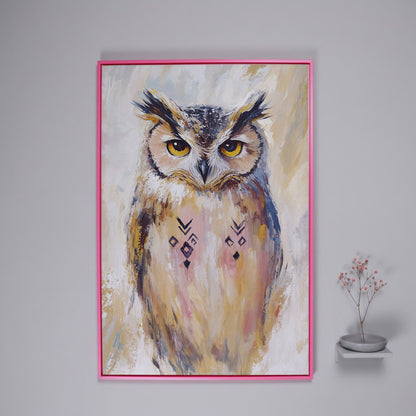 Geometric Owl Portrait Canvas Art. Abstract Wildlife Wall Art in pink floating frame