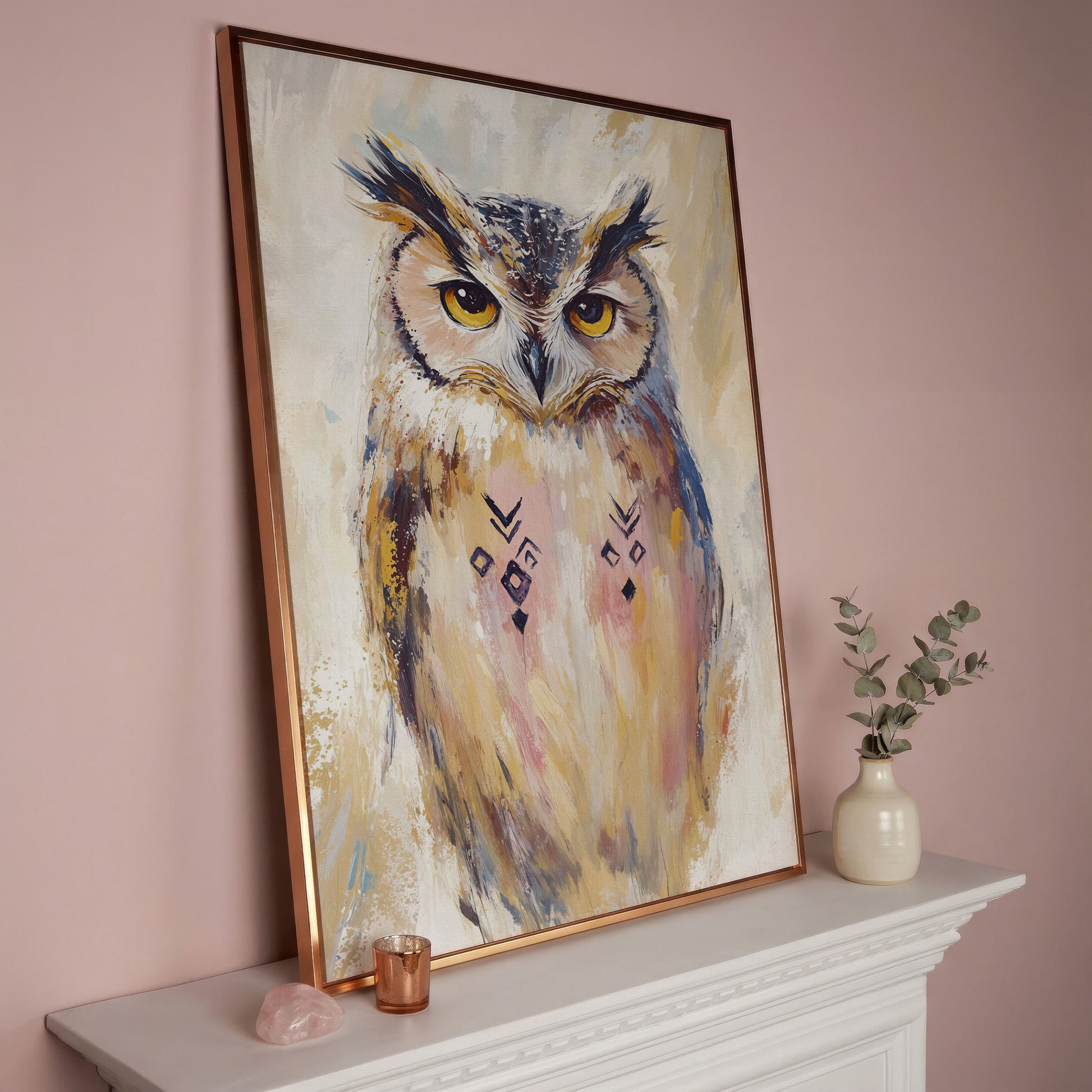 Geometric Owl Portrait Canvas Art. Abstract Wildlife Wall Art in rose gold floating frame