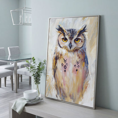 Geometric Owl Portrait Canvas Art. Abstract Wildlife Wall Art in silver floating frame