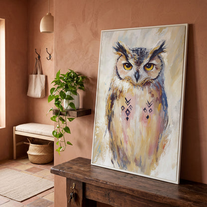 Geometric Owl Portrait Canvas Art. Abstract Wildlife Wall Art in white floating frame