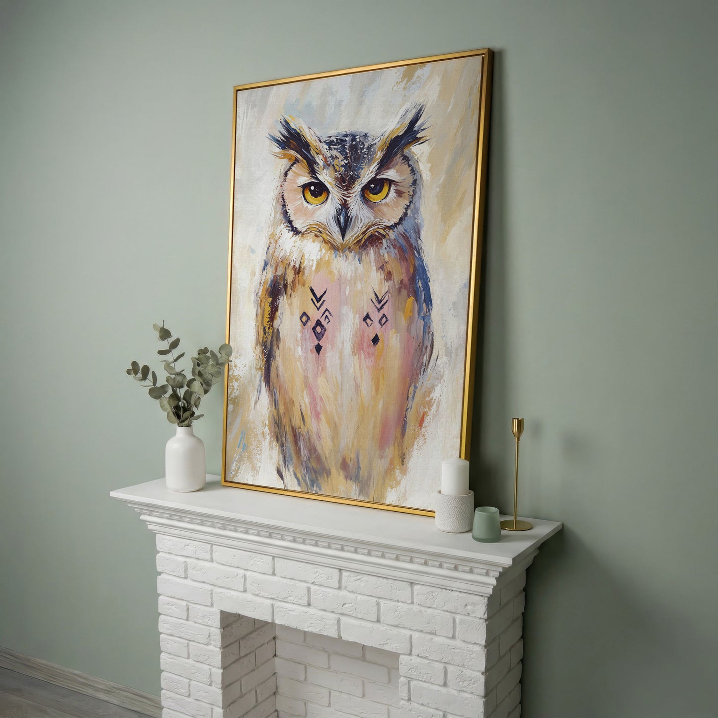 Geometric Owl Portrait Canvas Art. Abstract Wildlife Wall Art in yellow gold floating frame
