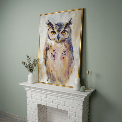 Geometric Owl Portrait Canvas Art. Abstract Wildlife Wall Art in yellow gold floating frame