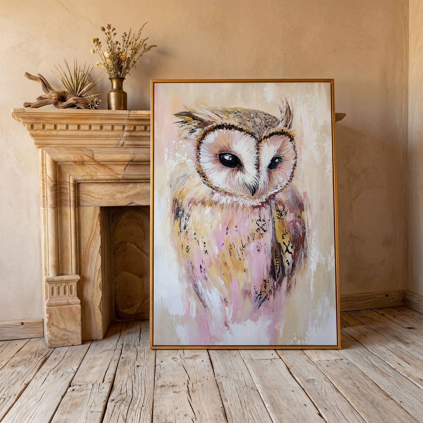 Barn Owl Portrait Canvas Art, Semi-Abstract Wildlife Print in antique gold floating frame