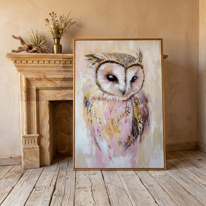 Barn Owl Portrait Canvas Art, Semi-Abstract Wildlife Print in antique gold floating frame
