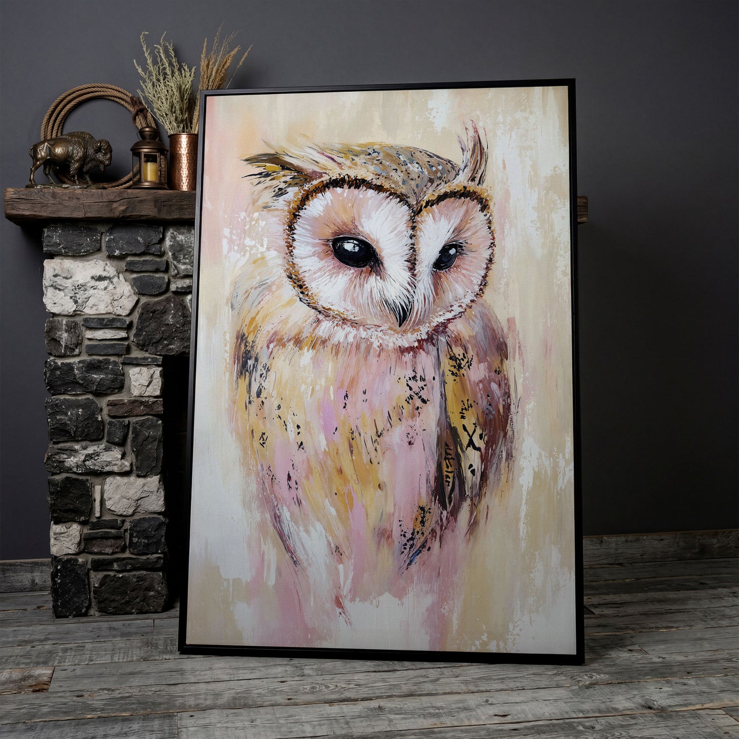 Barn Owl Portrait Canvas Art, Semi-Abstract Wildlife Print in black floating frame