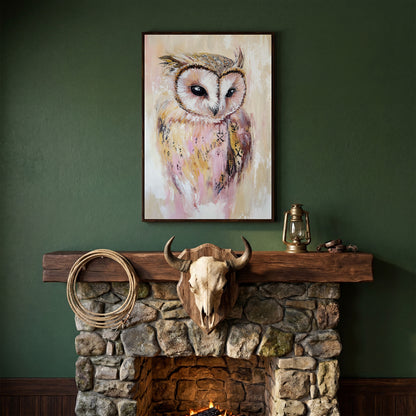 Barn Owl Portrait Canvas Art, Semi-Abstract Wildlife Print in dark walnut floating frame