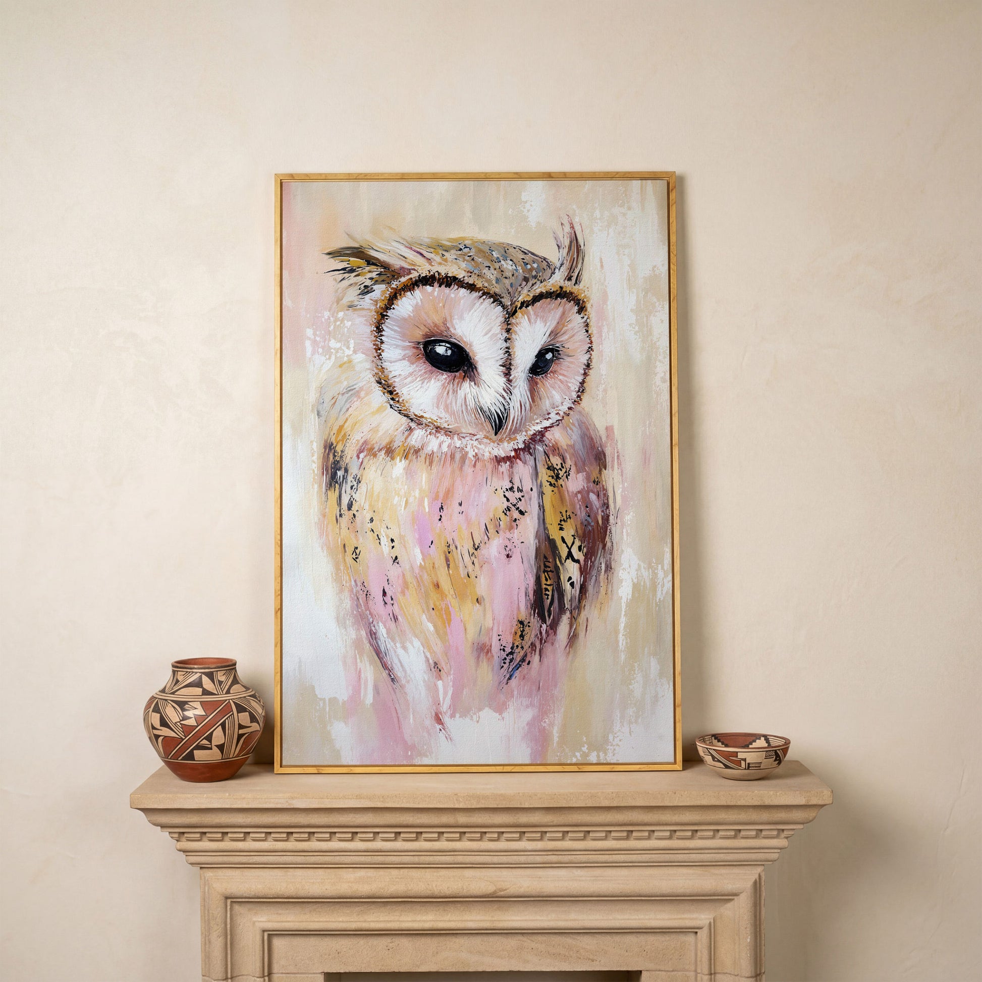 Barn Owl Portrait Canvas Art, Semi-Abstract Wildlife Print in white oak floating frame