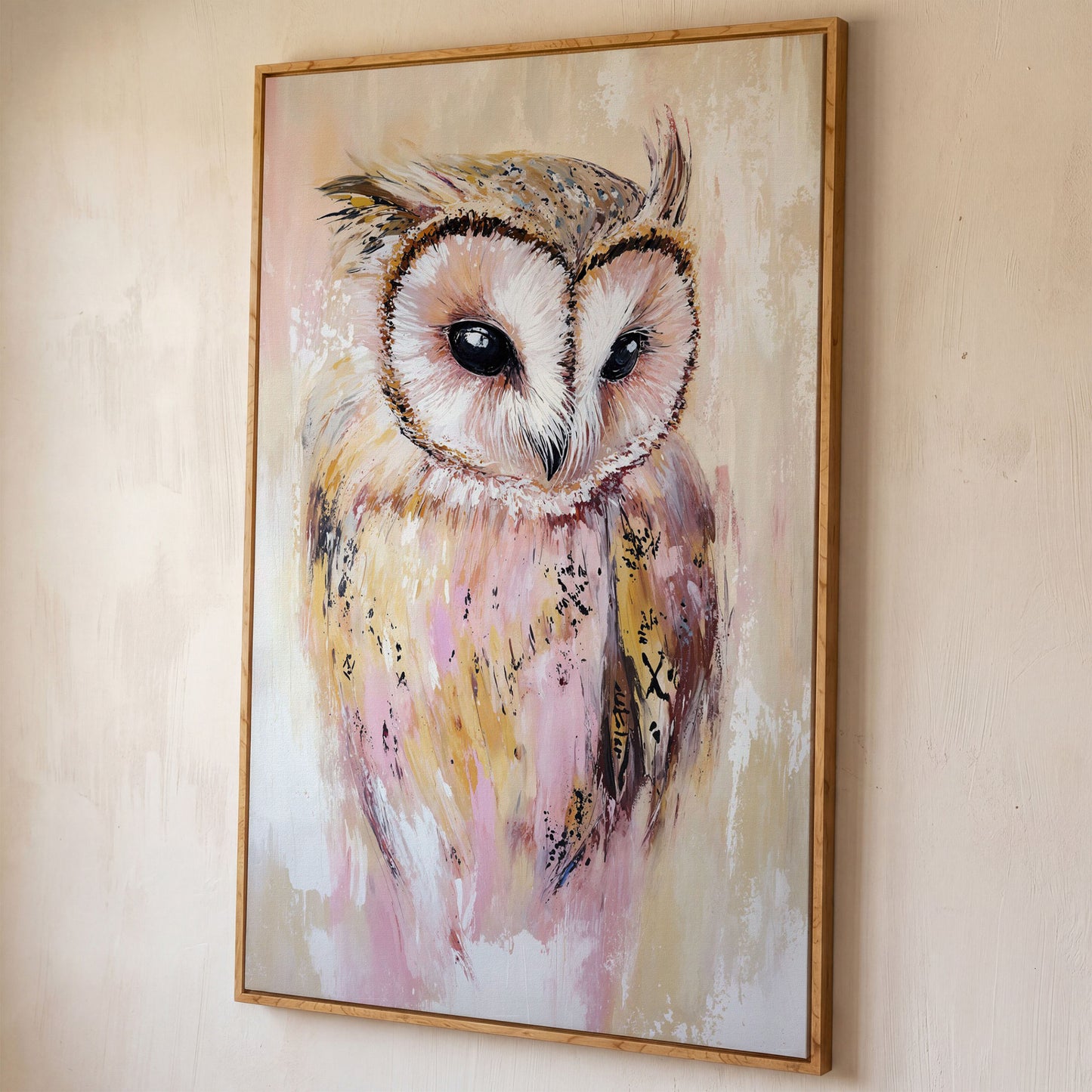 Barn Owl Portrait Canvas Art, Semi-Abstract Wildlife Print shown in white oak floating frame