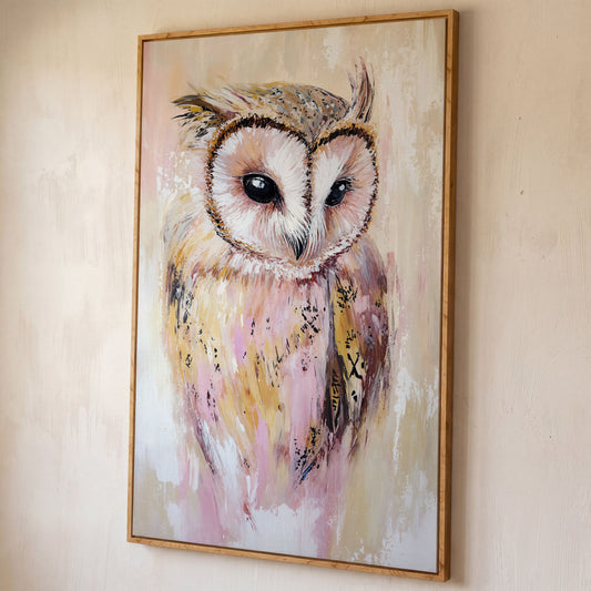 Barn Owl Portrait Canvas Art, Semi-Abstract Wildlife Print shown in white oak floating frame