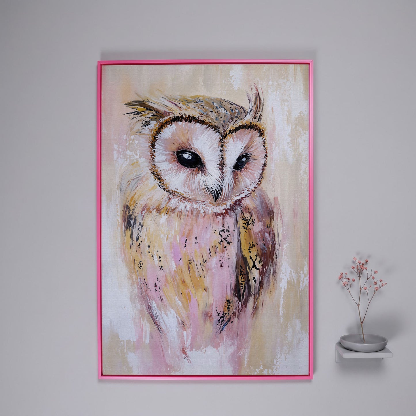 Barn Owl Portrait Canvas Art, Semi-Abstract Wildlife Print in pink floating frame