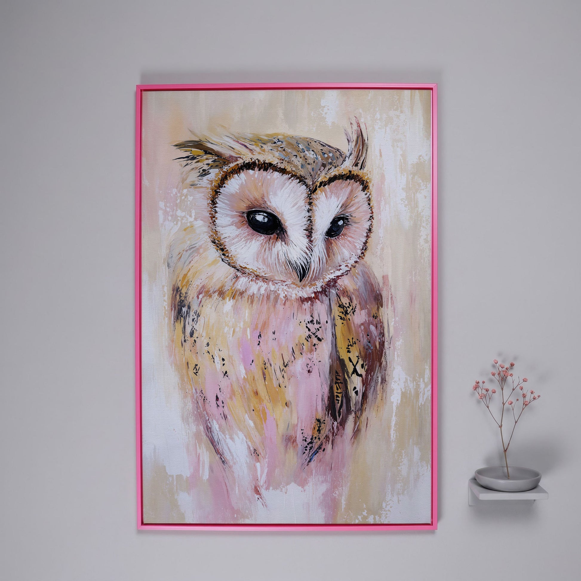 Barn Owl Portrait Canvas Art, Semi-Abstract Wildlife Print in pink floating frame