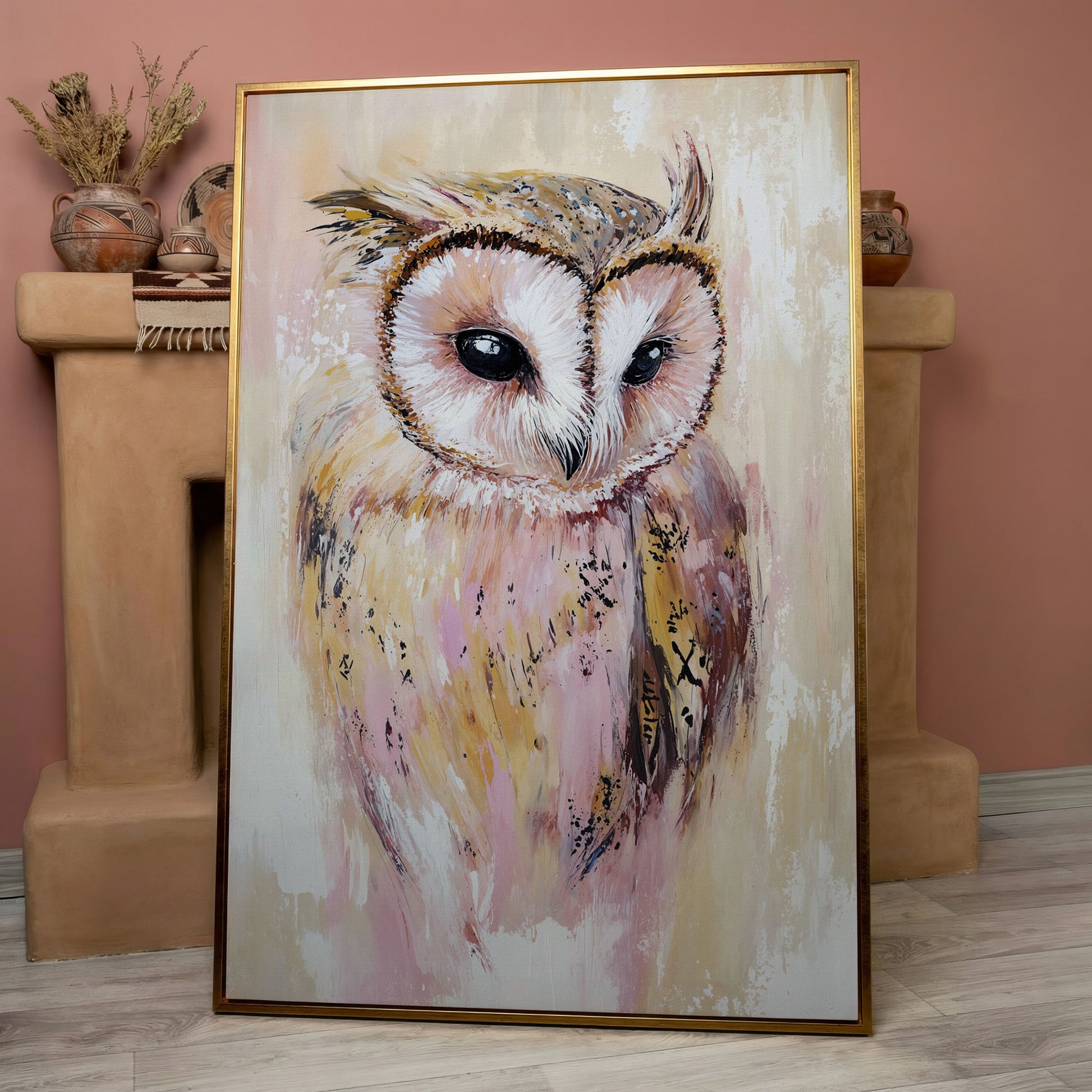 Barn Owl Portrait Canvas Art, Semi-Abstract Wildlife Print in rose gold floating frame