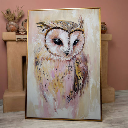 Barn Owl Portrait Canvas Art, Semi-Abstract Wildlife Print in rose gold floating frame