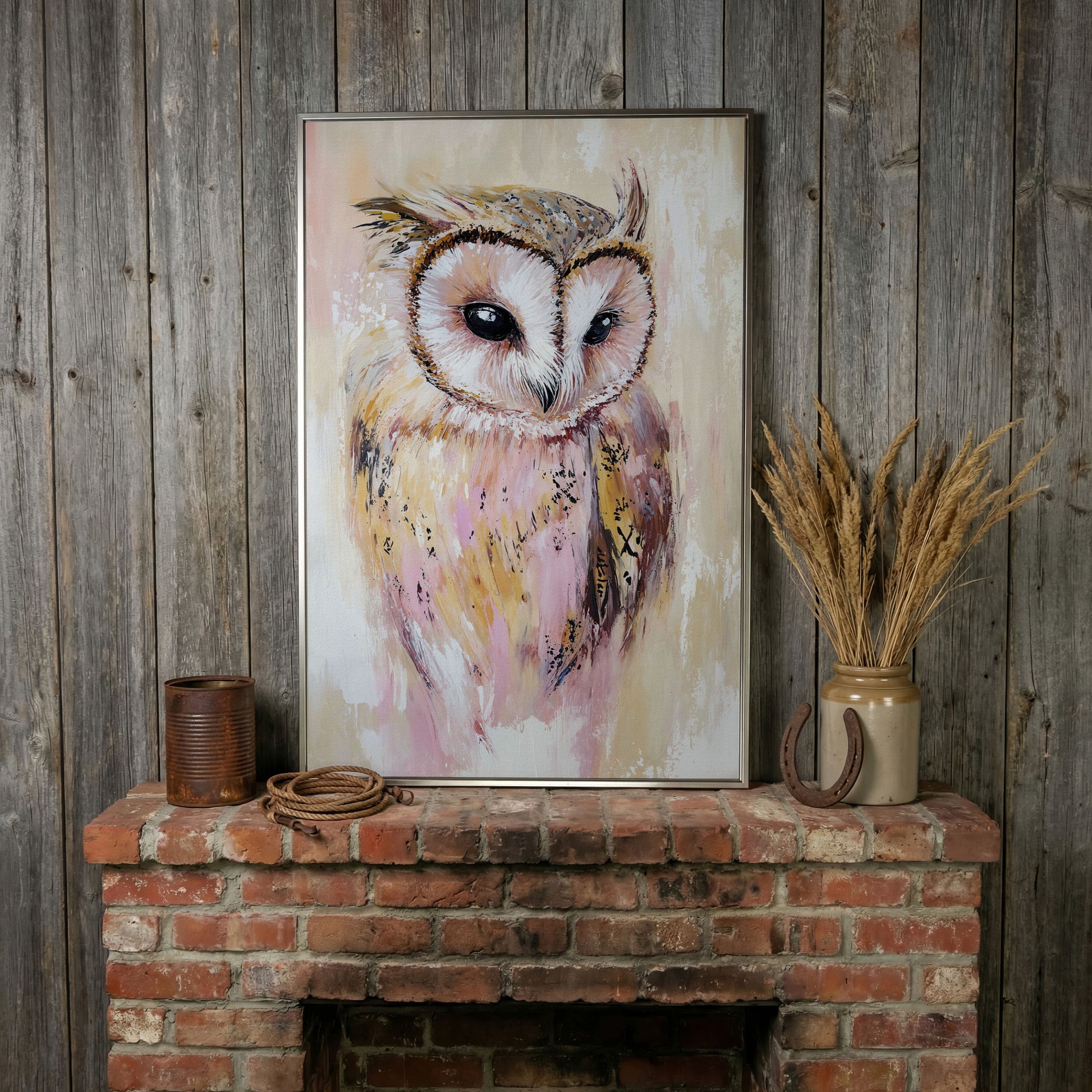 Barn Owl Portrait Canvas Art, Semi-Abstract Wildlife Print in silver floating frame