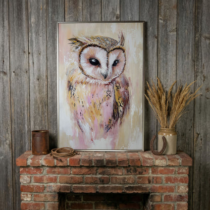 Barn Owl Portrait Canvas Art, Semi-Abstract Wildlife Print in silver floating frame
