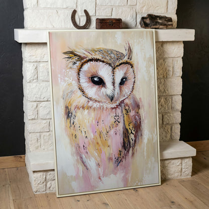 Barn Owl Portrait Canvas Art, Semi-Abstract Wildlife Print in white floating frame