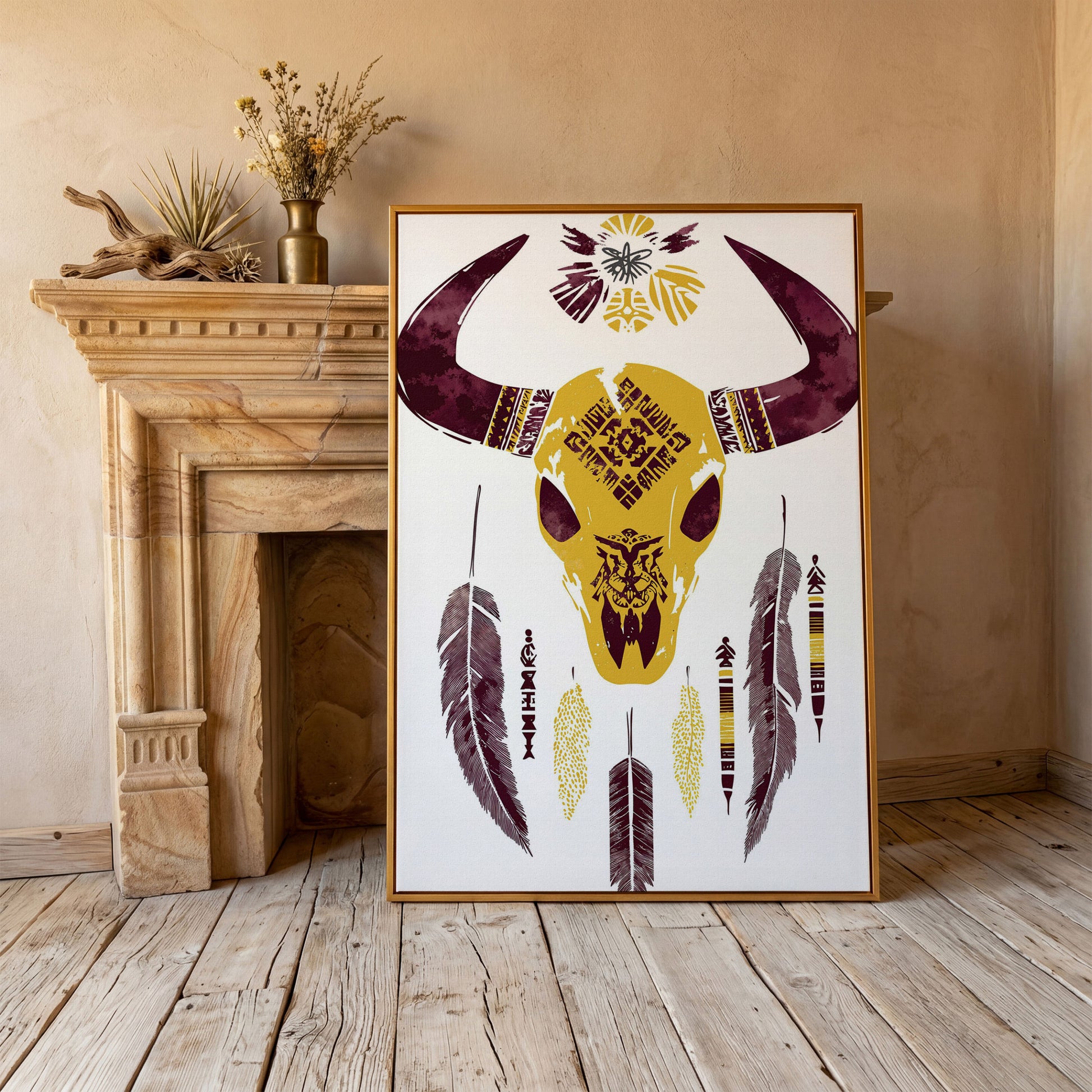 Bull Skull with Feathers and Tribal Art Canvas Print in antique gold floating frame
