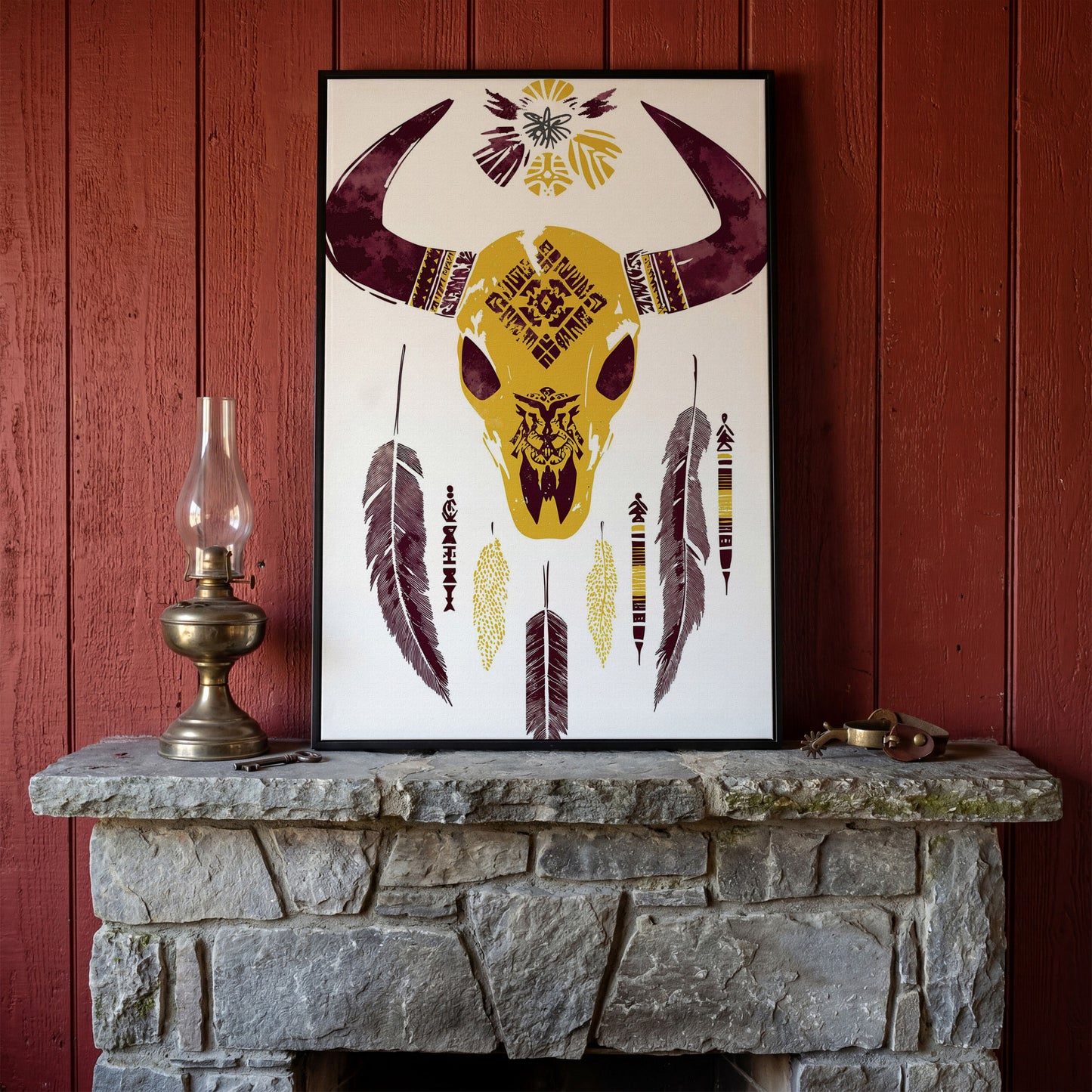 Bull Skull with Feathers and Tribal Art Canvas Print in black floating frame