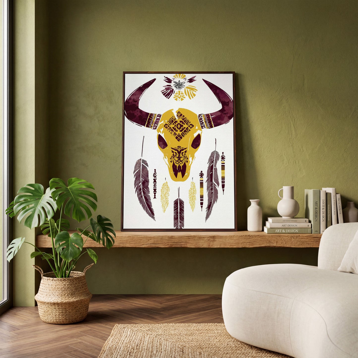 Bull Skull with Feathers and Tribal Art Canvas Print in dark walnut floating frame