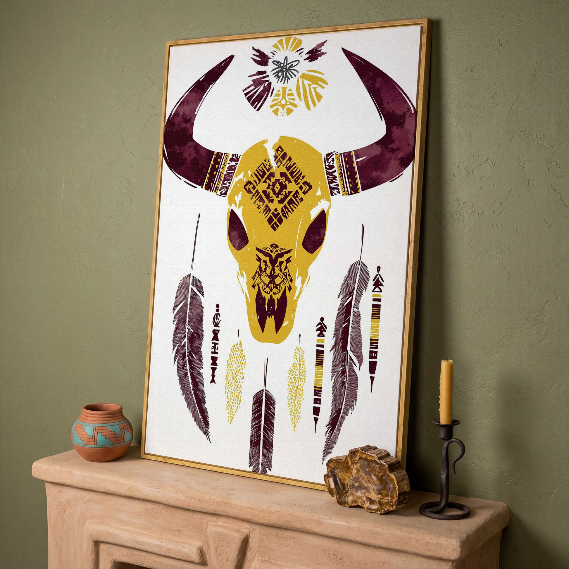 Bull Skull with Feathers and Tribal Art Canvas Print in white oak floating frame