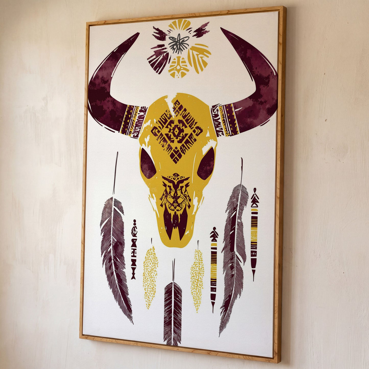 Bull Skull with Feathers and Tribal Art Canvas Print shown in white oak floating frame