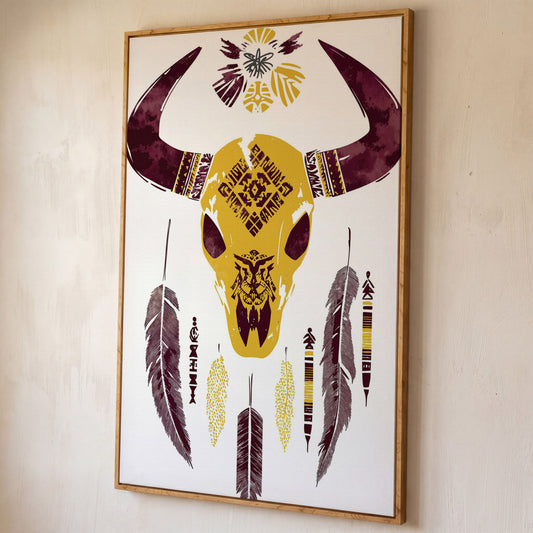 Bull Skull with Feathers and Tribal Art Canvas Print shown in white oak floating frame