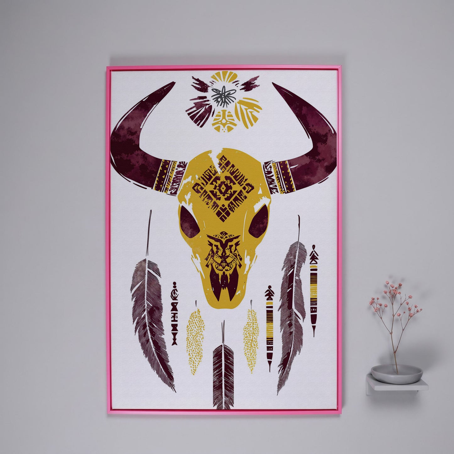 Bull Skull with Feathers and Tribal Art Canvas Print in pink floating frame