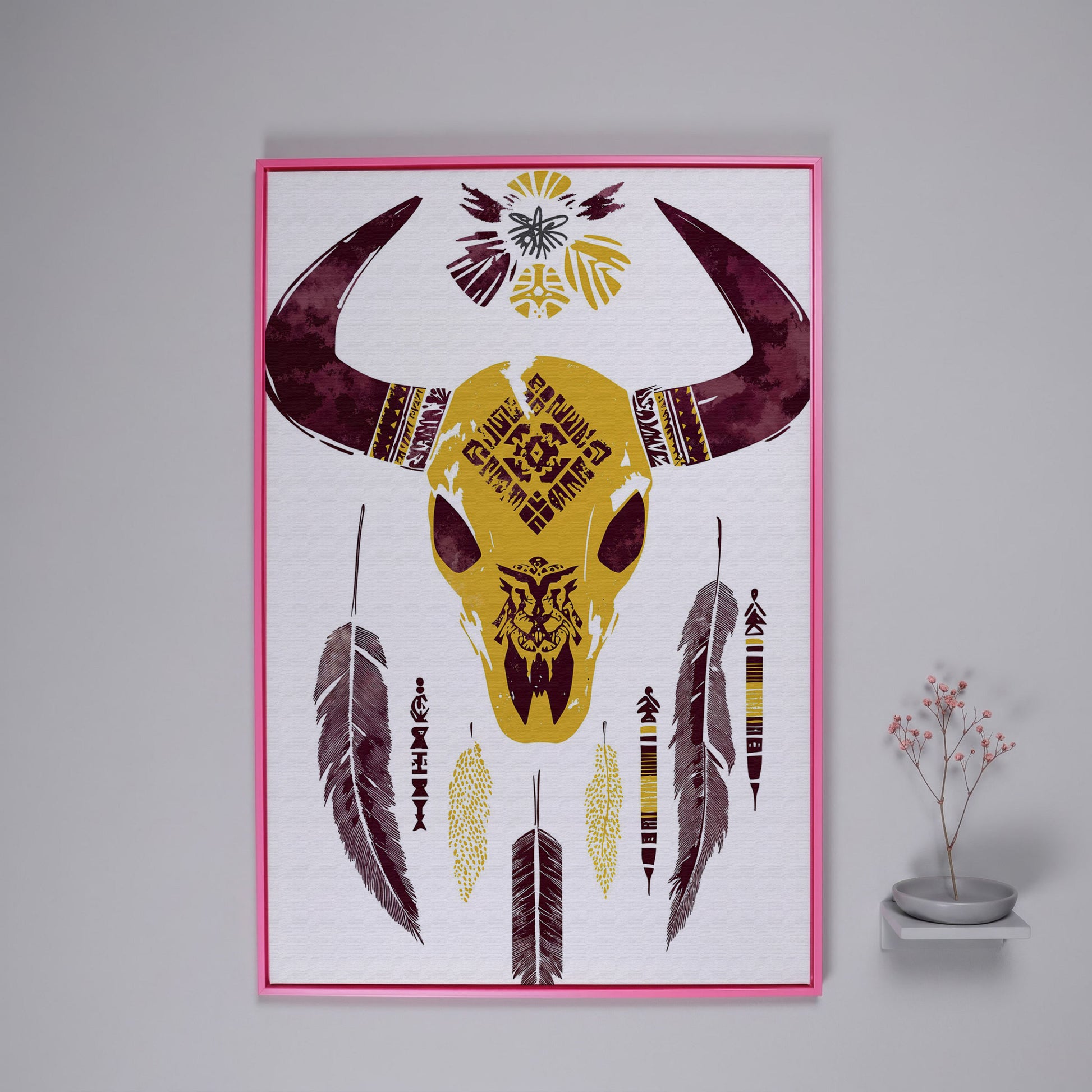 Bull Skull with Feathers and Tribal Art Canvas Print in pink floating frame
