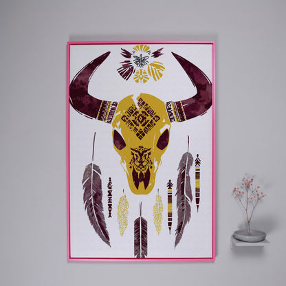 Bull Skull with Feathers and Tribal Art Canvas Print in pink floating frame