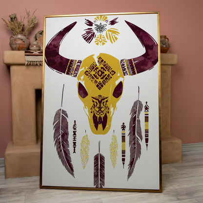 Bull Skull with Feathers and Tribal Art Canvas Print in rose gold floating frame