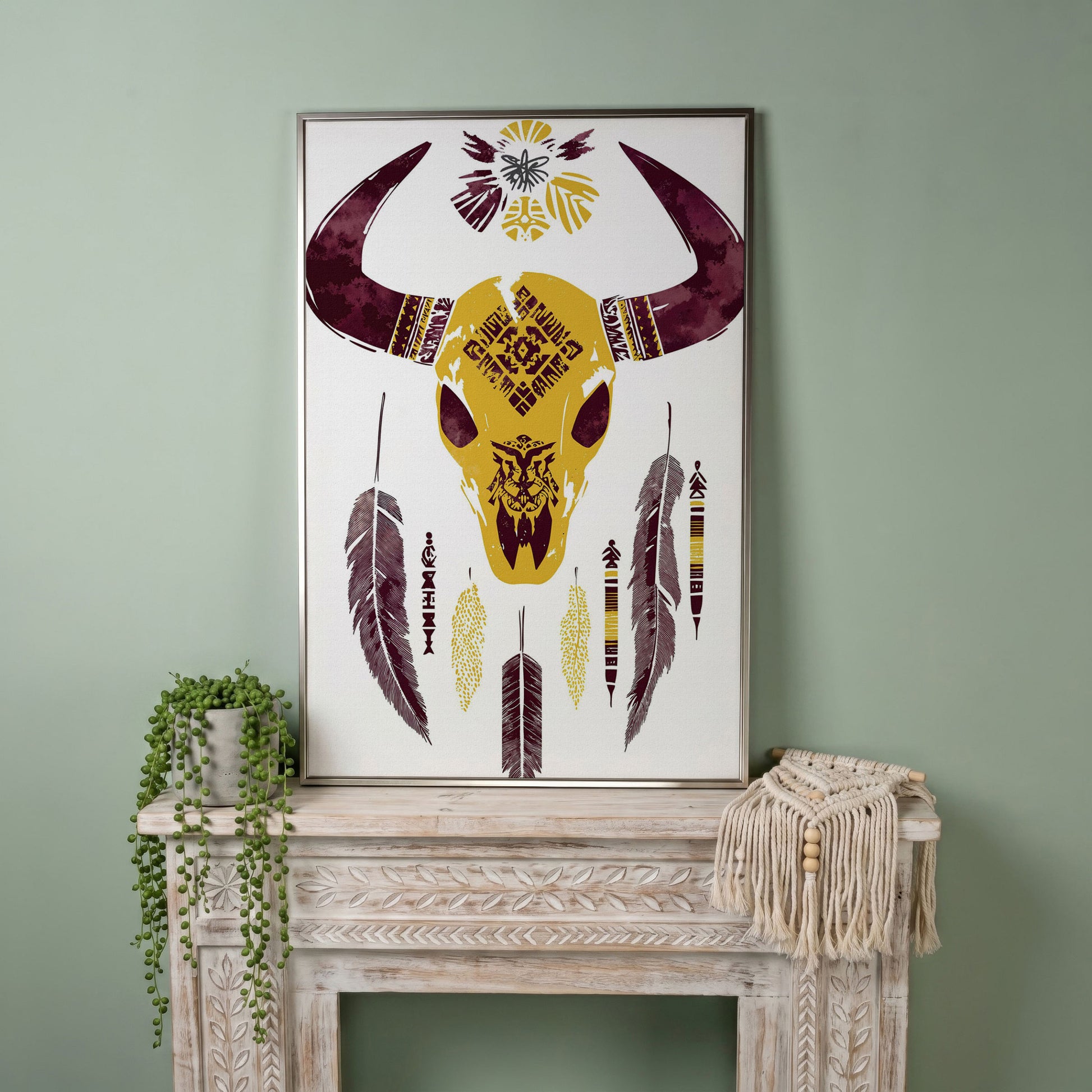Bull Skull with Feathers and Tribal Art Canvas Print in silver floating frame