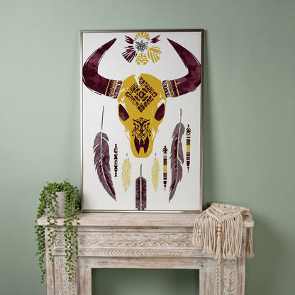 Bull Skull with Feathers and Tribal Art Canvas Print in silver floating frame