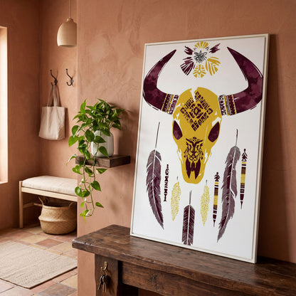 Bull Skull with Feathers and Tribal Art Canvas Print in white floating frame