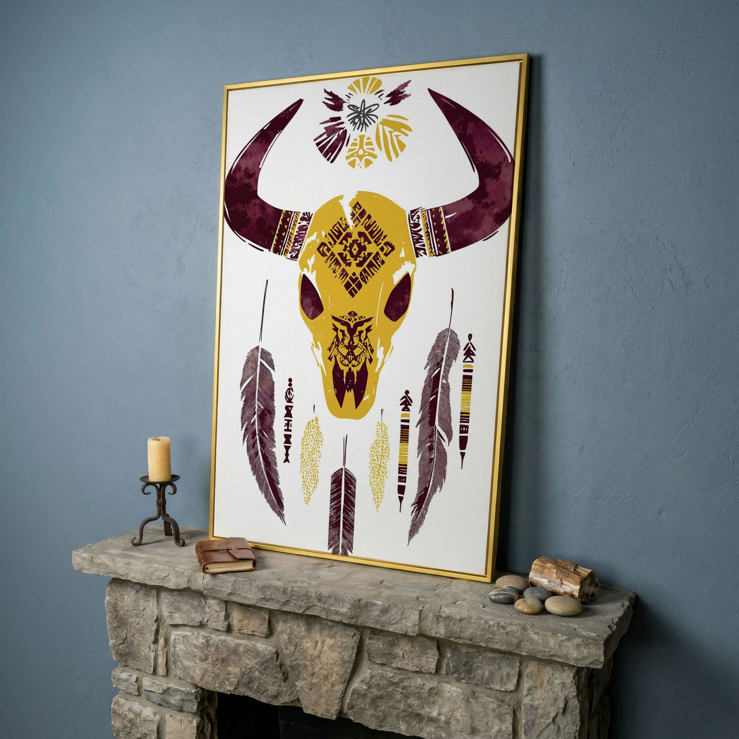 Bull Skull with Feathers and Tribal Art Canvas Print in yellow gold floating frame