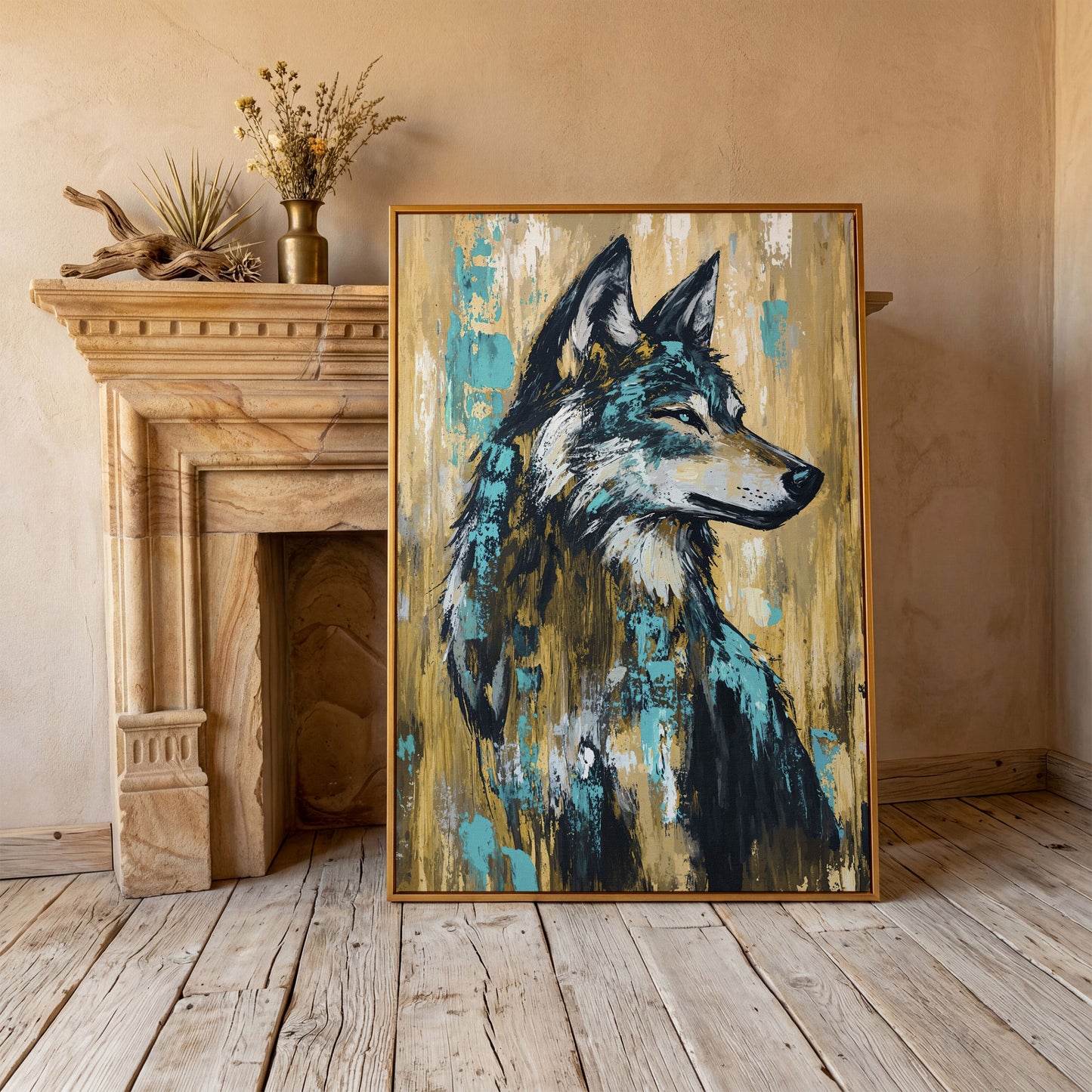 Wolf Portrait Canvas Art, Profile Study in Dark Tones in antique gold floating frame