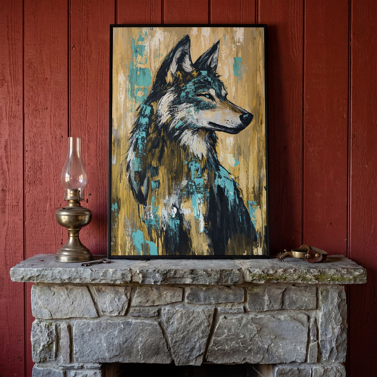 Wolf Portrait Canvas Art, Profile Study in Dark Tones in black floating frame