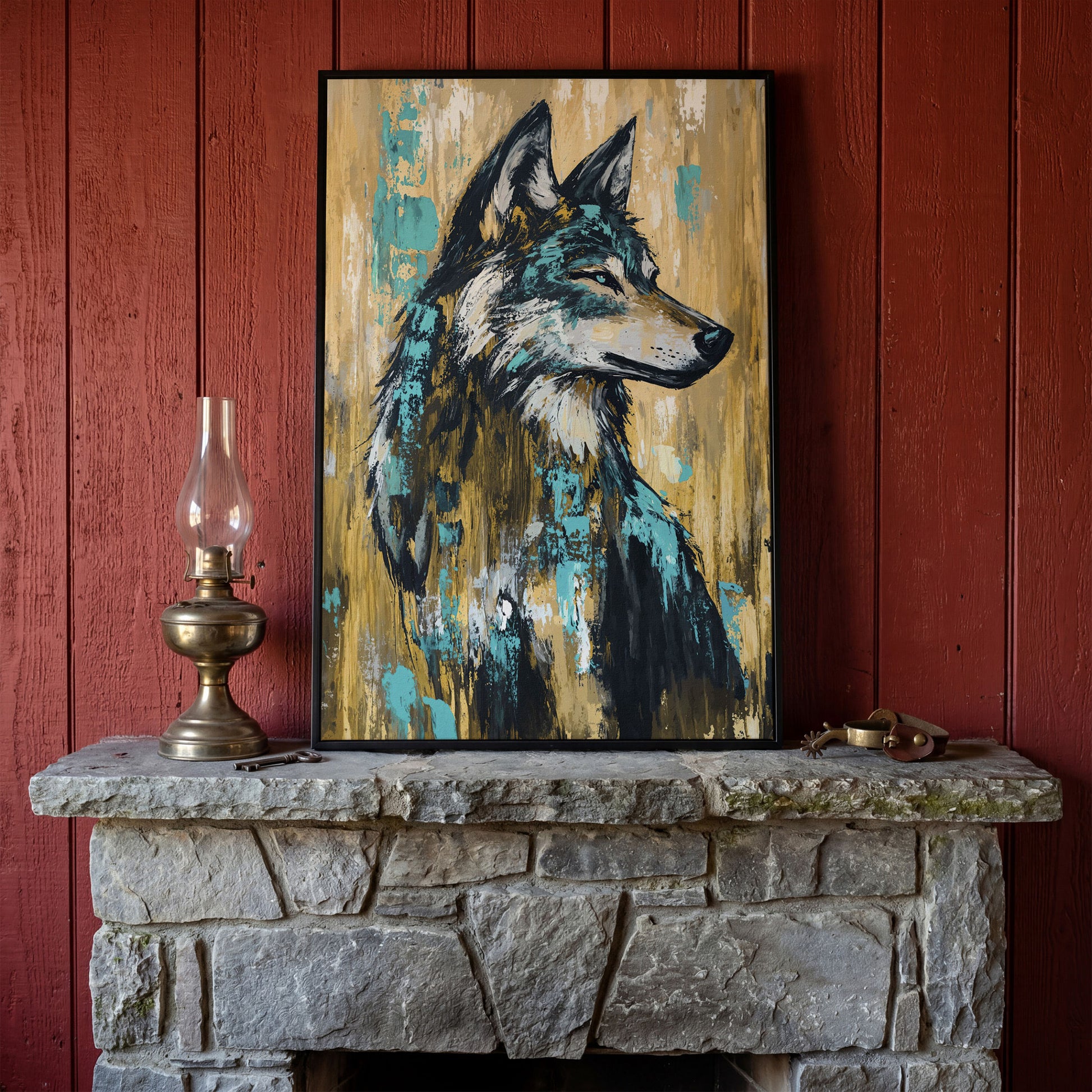 Wolf Portrait Canvas Art, Profile Study in Dark Tones in black floating frame