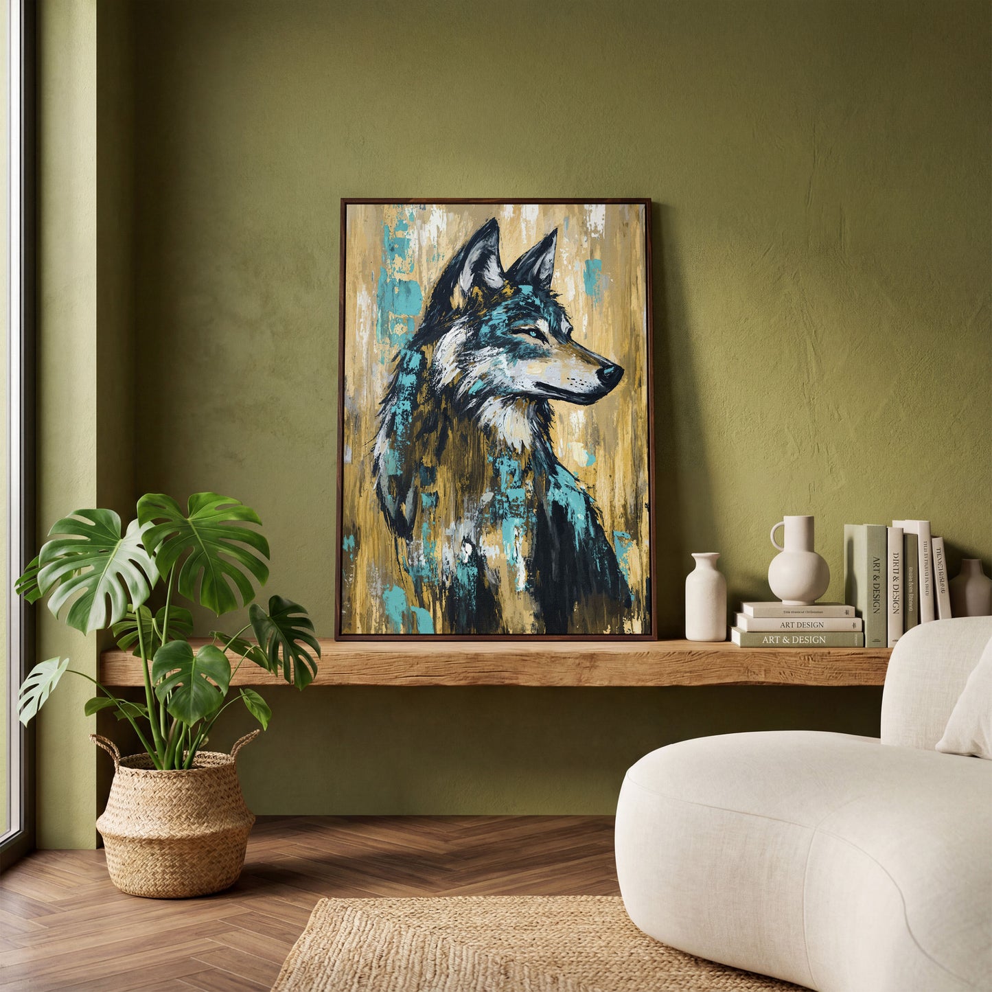 Wolf Portrait Canvas Art, Profile Study in Dark Tones in dark walnut floating frame