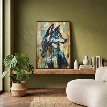 Wolf Portrait Canvas Art, Profile Study in Dark Tones in dark walnut floating frame