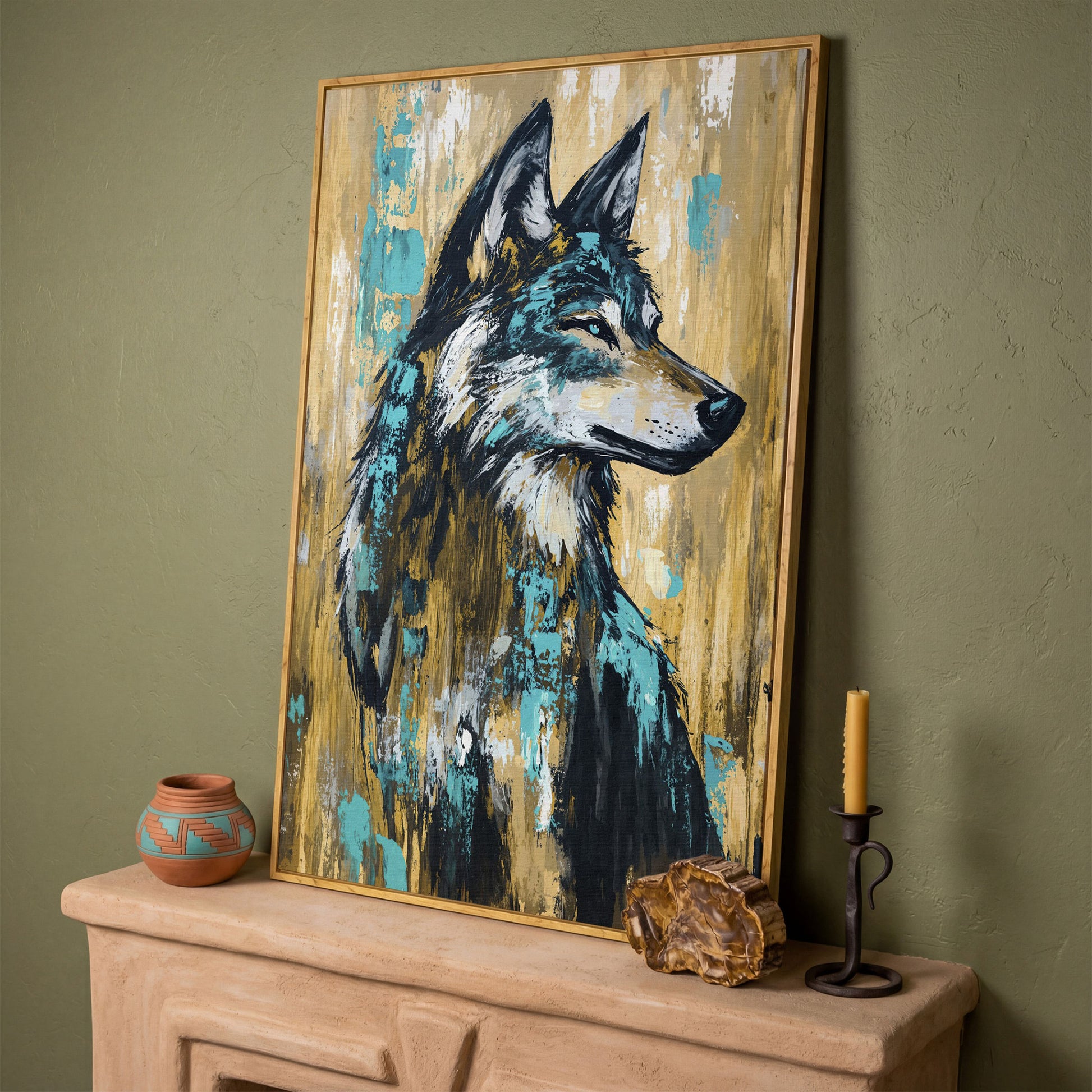 Wolf Portrait Canvas Art, Profile Study in Dark Tones in white oak floating frame